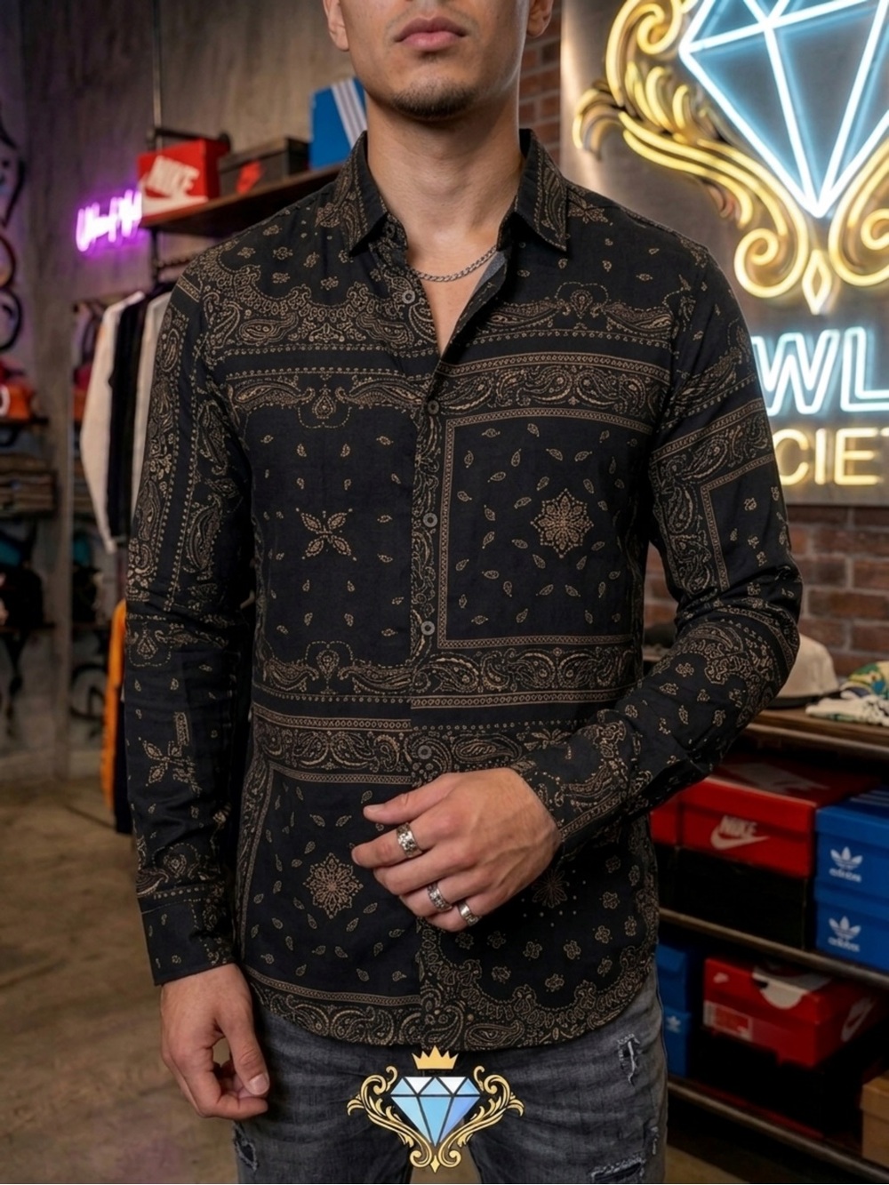 YoungLA Men’s Black & Gray Bandana Paisley Print Button Down Shirt | Size Medium